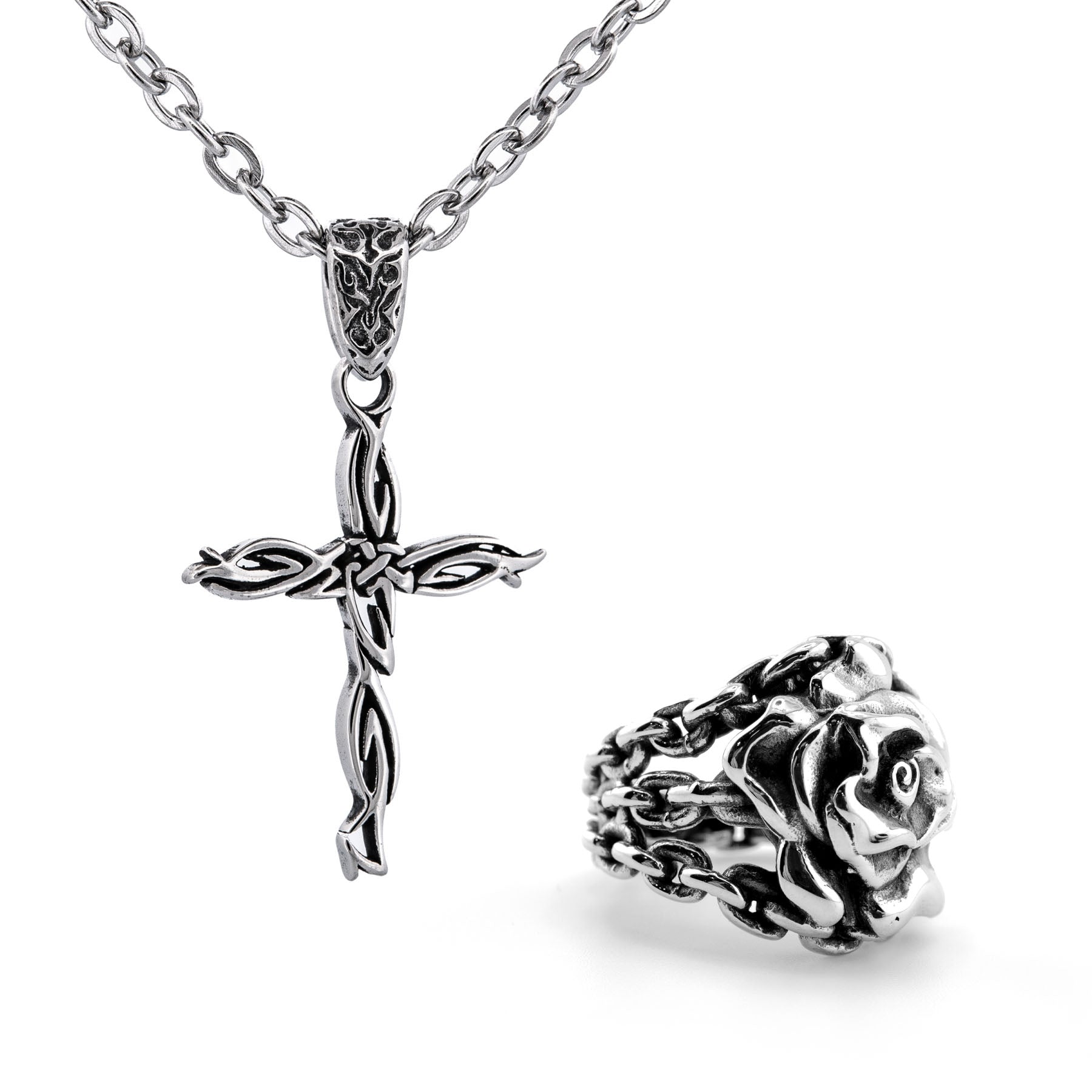 Tribal Cross & Rose in Chains Ring